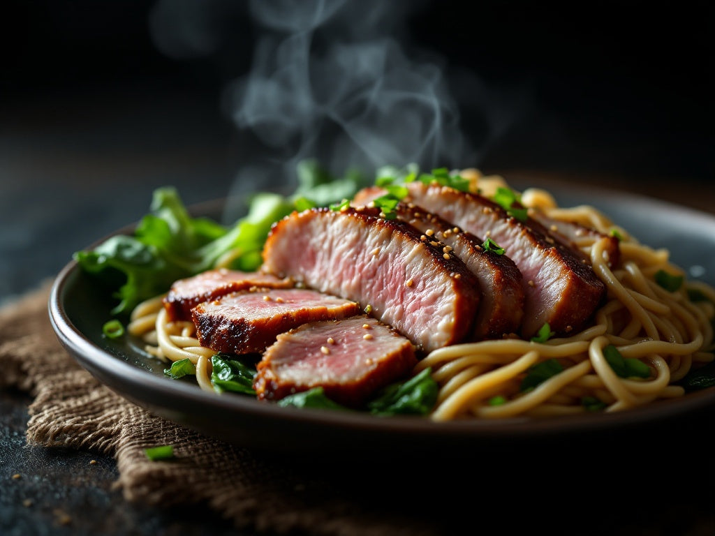 Asiatische Entenbrust mit Pak Choi und Sesam-Udon