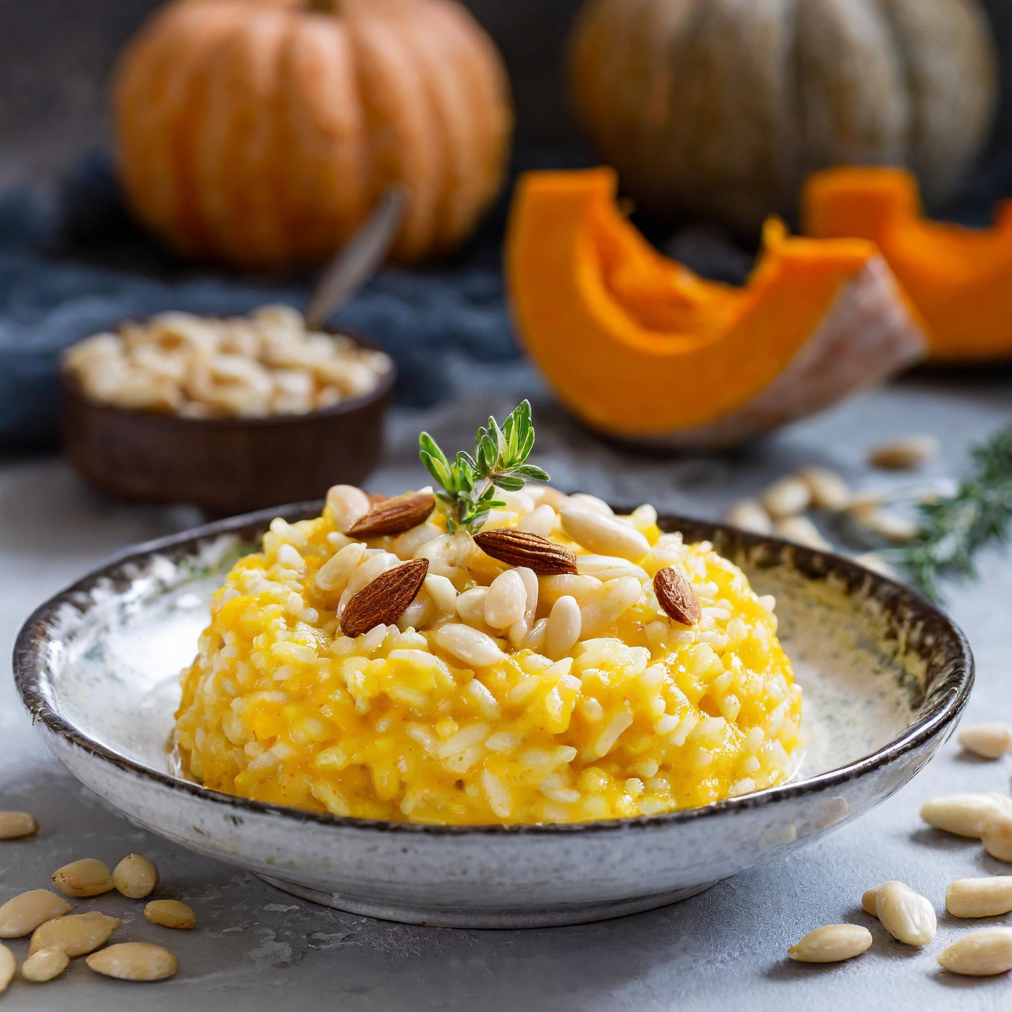 Cremige Kürbis-Risotto mit gerösteten Pinienkernen