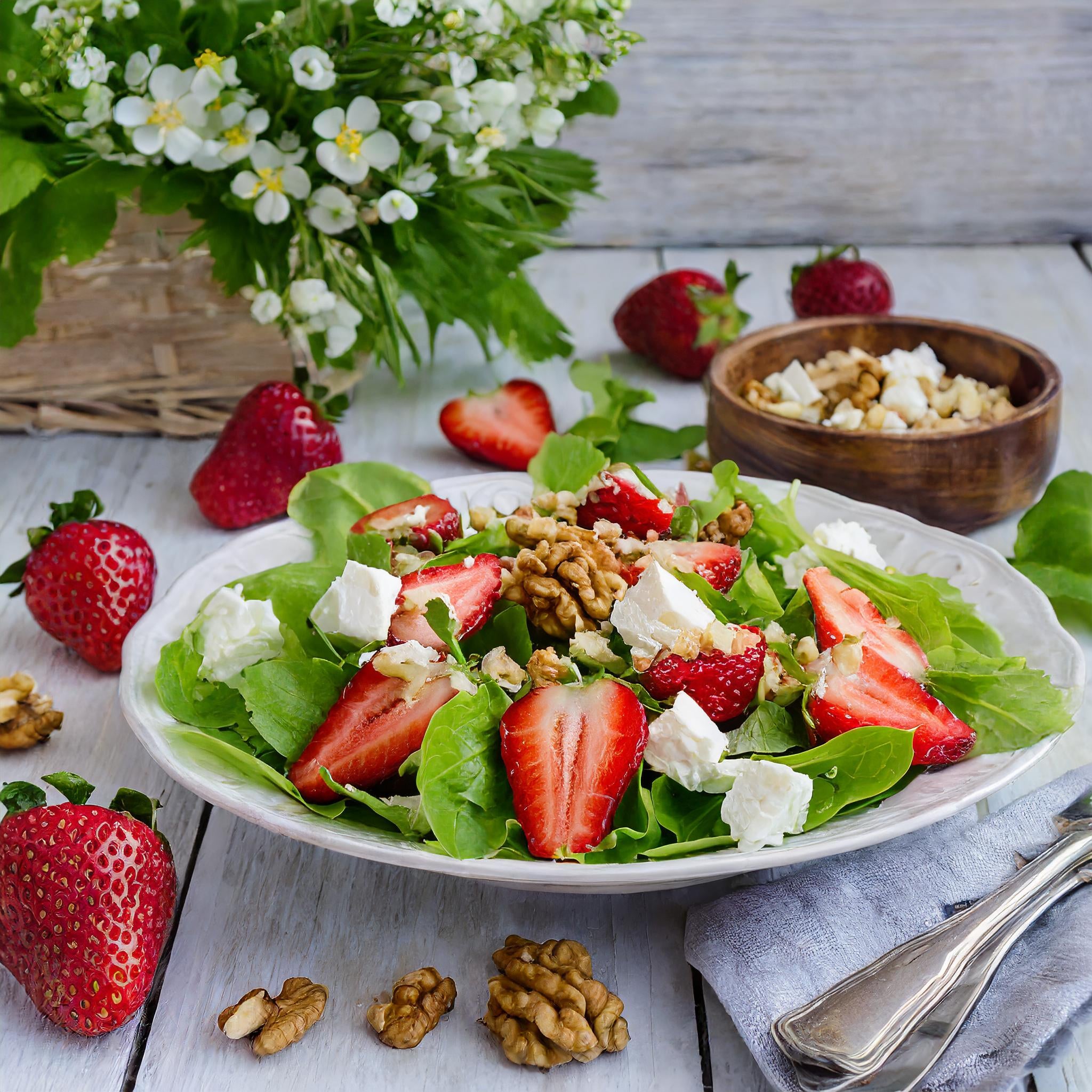 Grüner Salat mit Erdbeeren, Feta und Walnüssen