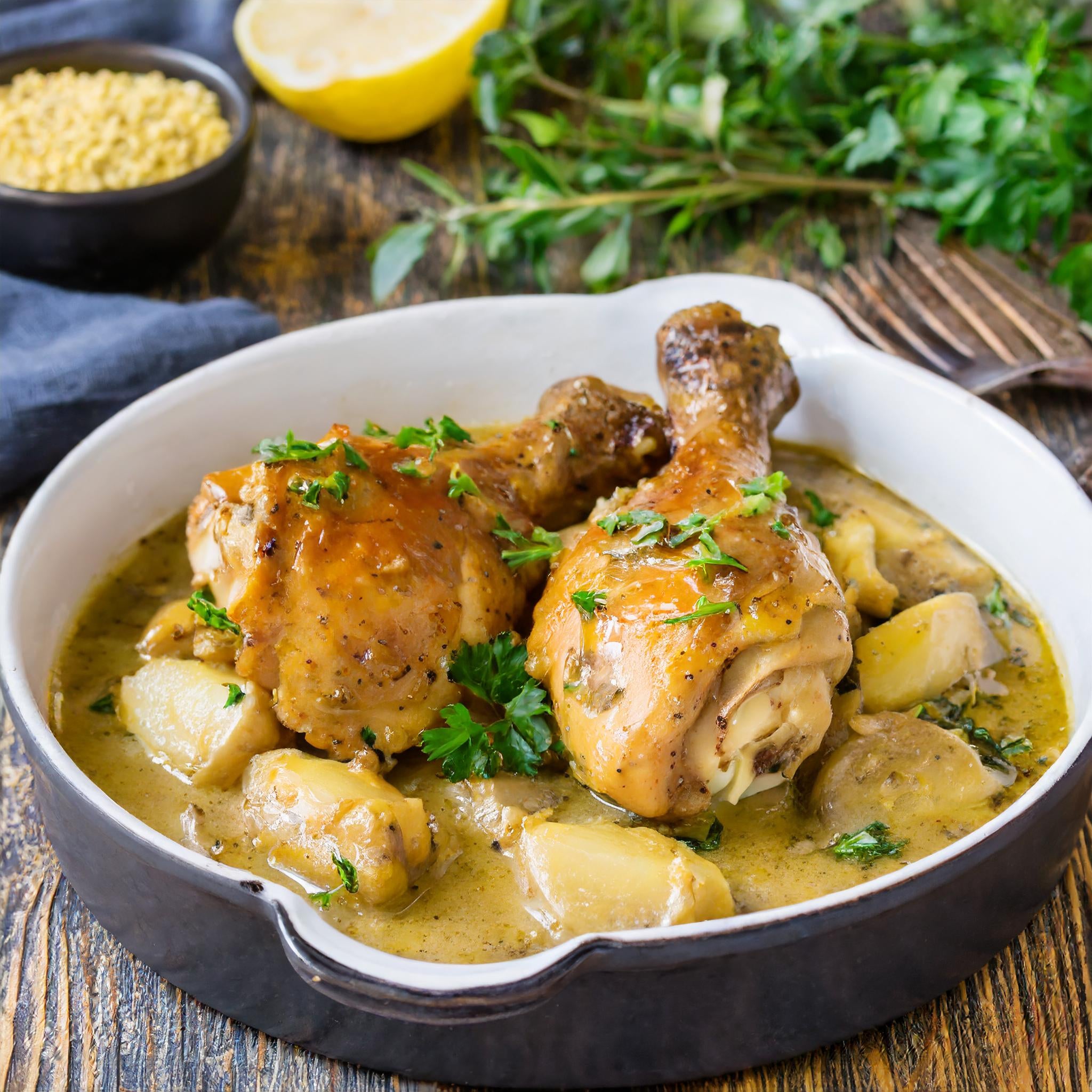 Geschmorte Hähnchenschenkel in Weißwein-Senf-Sauce