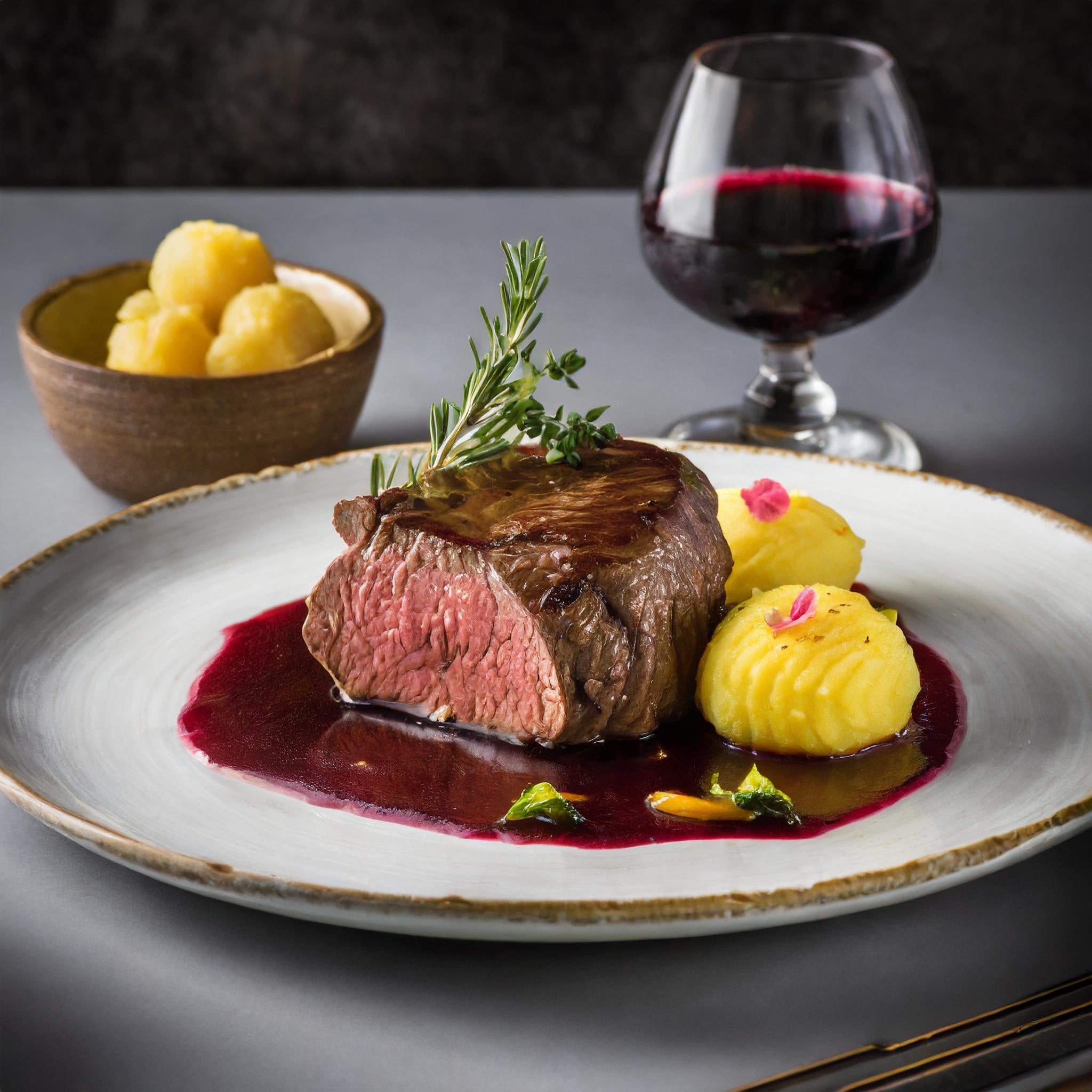 Rinderfilet mit Rotweinjus und Pommes Duchesse