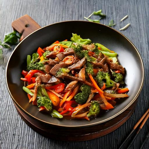 Rindfleisch-Wok mit Gemüse und Sojasauce