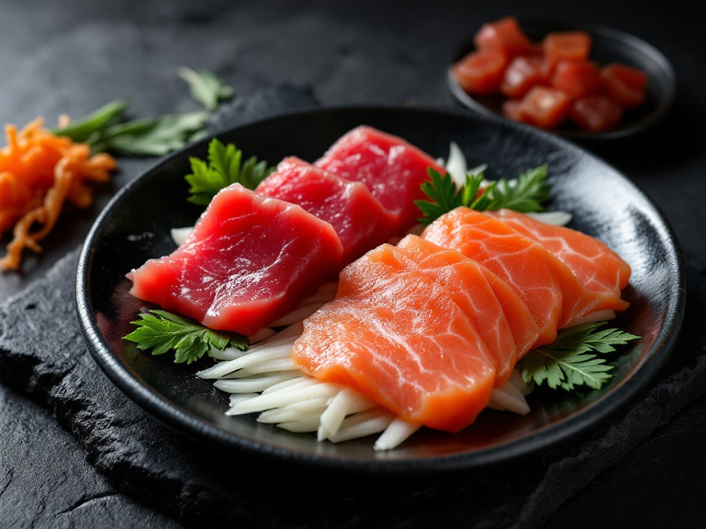 Japanisches Sashimi-Arrangement mit Thunfisch und Lachs