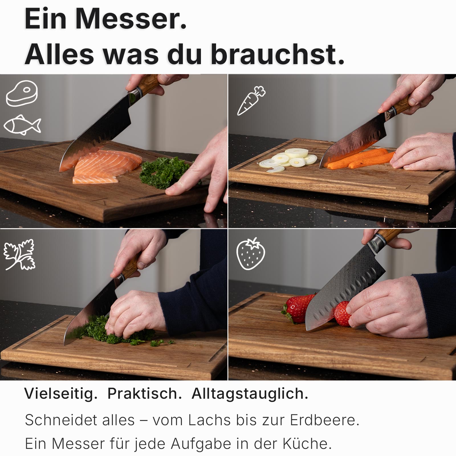 Damast Santoku Olive schneidet verschiedene Zutaten wie Fleisch fisch Gemüse Kräuter und Früchte