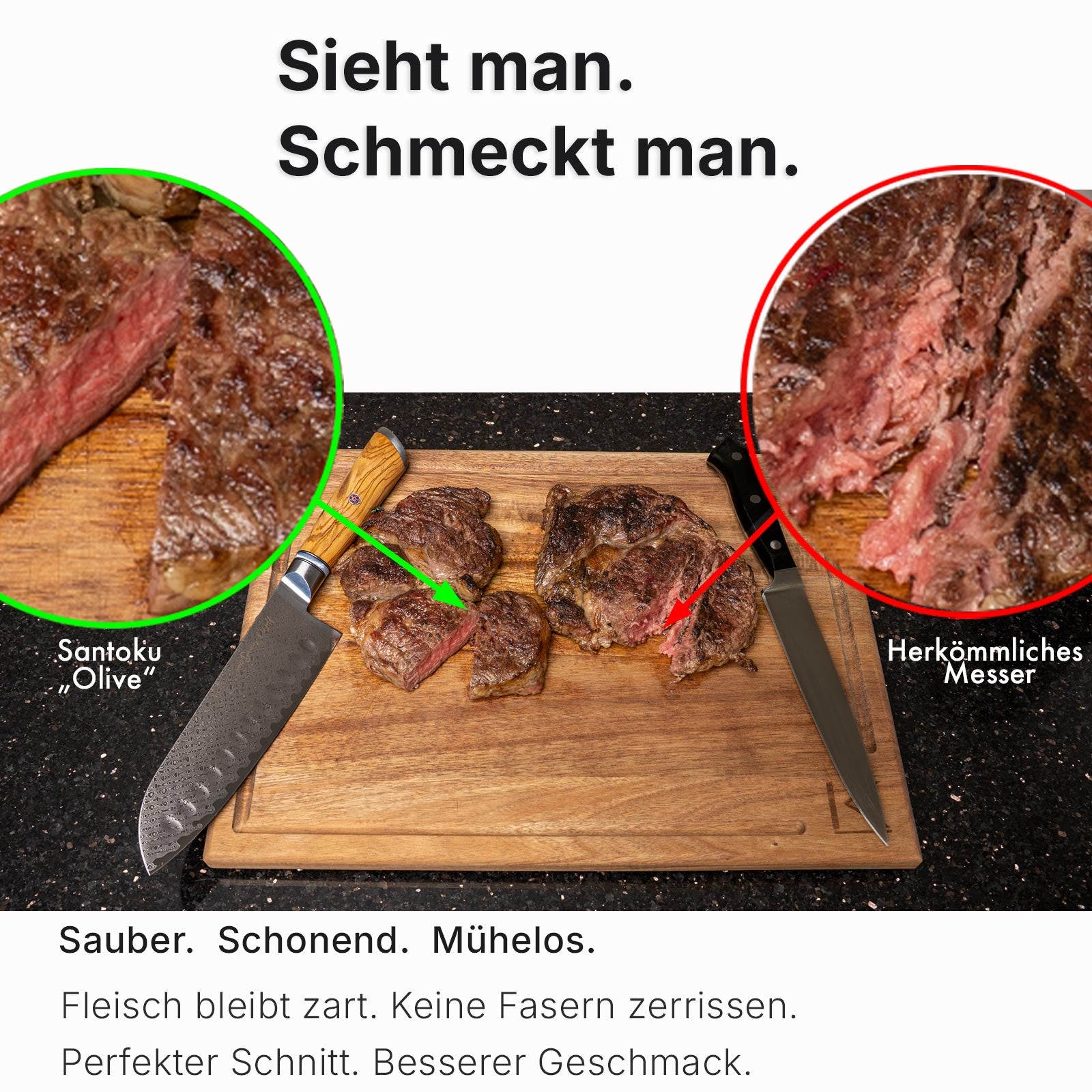Damastmesser schneiden Fleisch besser als herkömmliche Messer