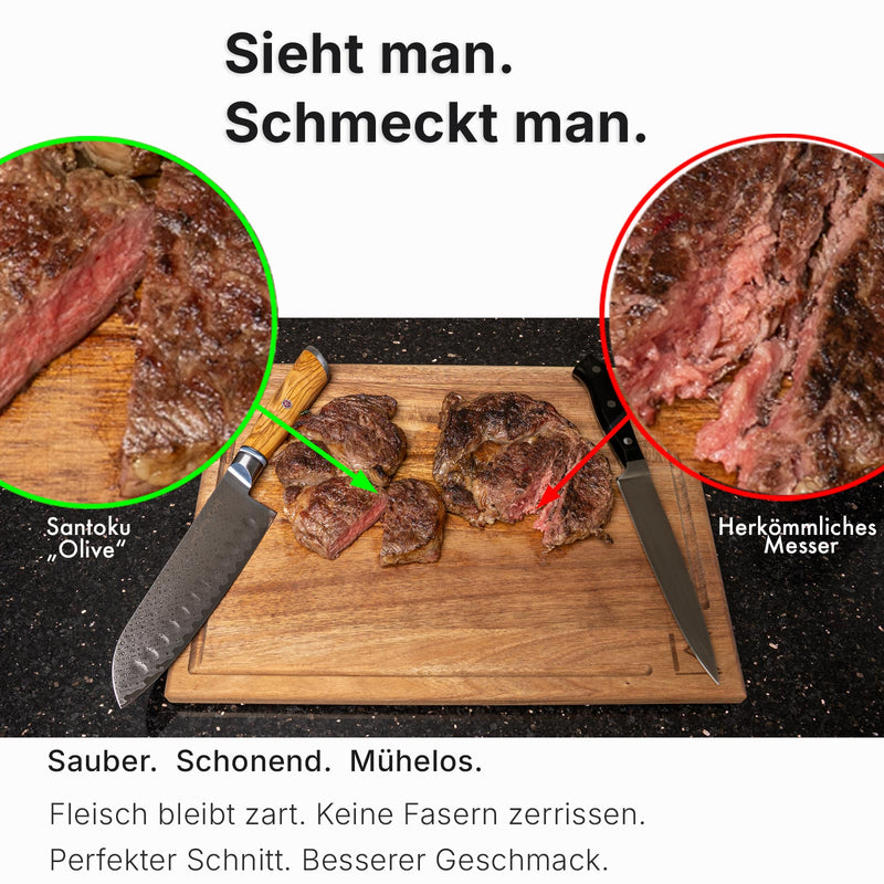 Damastmesser schneiden Fleisch besser als herkömmliche Messer