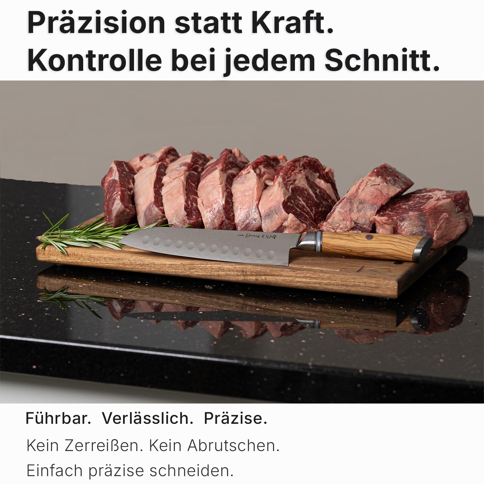 Damastmesser Santoku Olive mit perfekt geschnittenem Entrecote