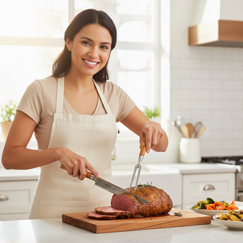 Hannah schneidet Braten und gibt 5 STerne