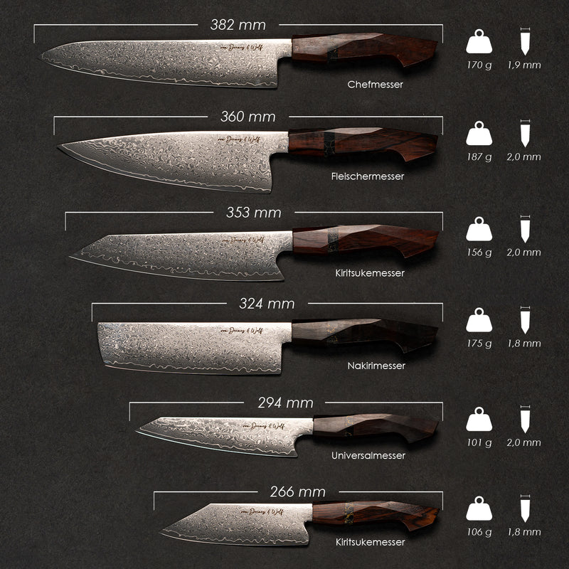Maßzeichnung des Damastmessersets Sandelholz