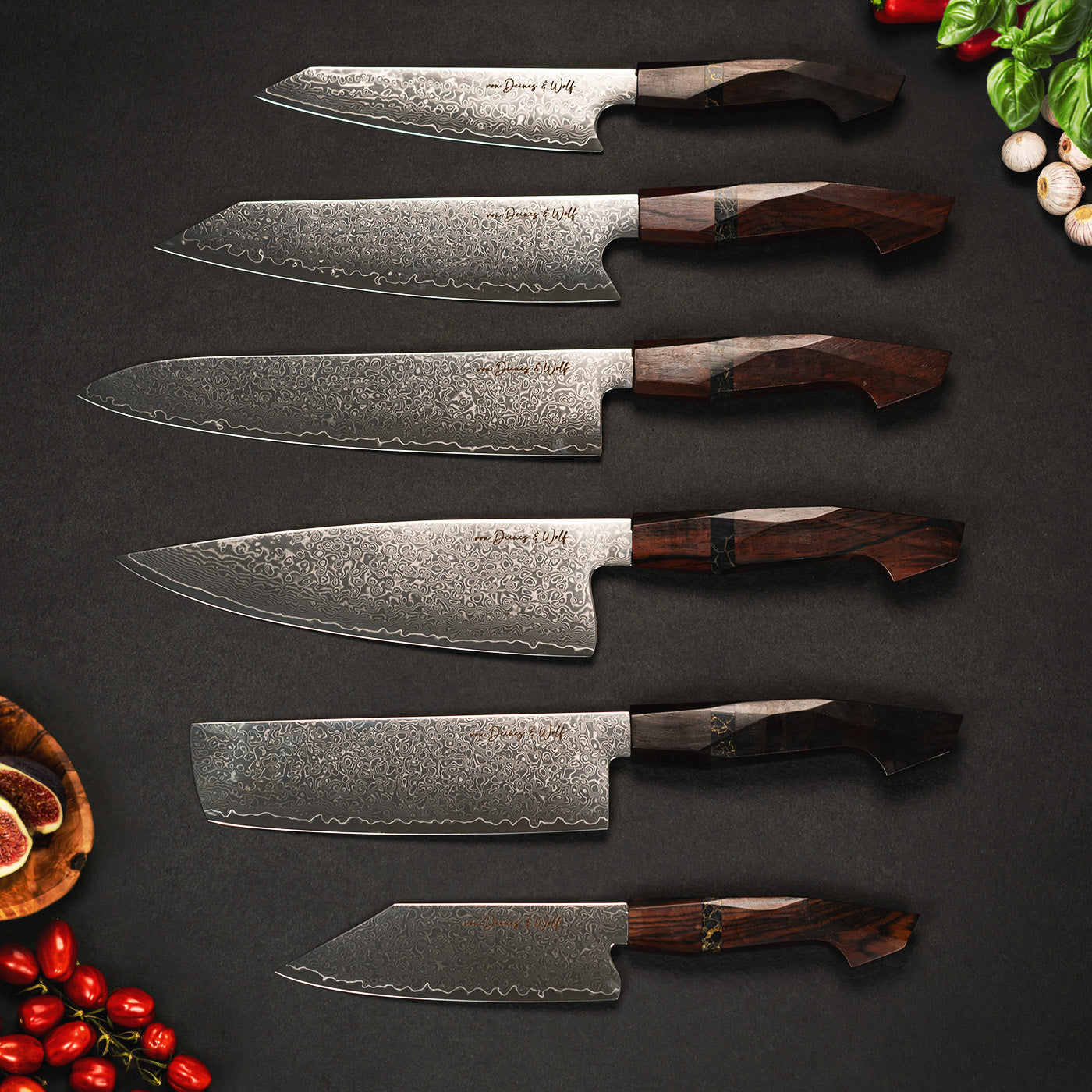 Damastmesser Sandelholz Produktfoto 6-teiliges Messerset, extrem scharfe Küchenmesser, VG10 Stahl