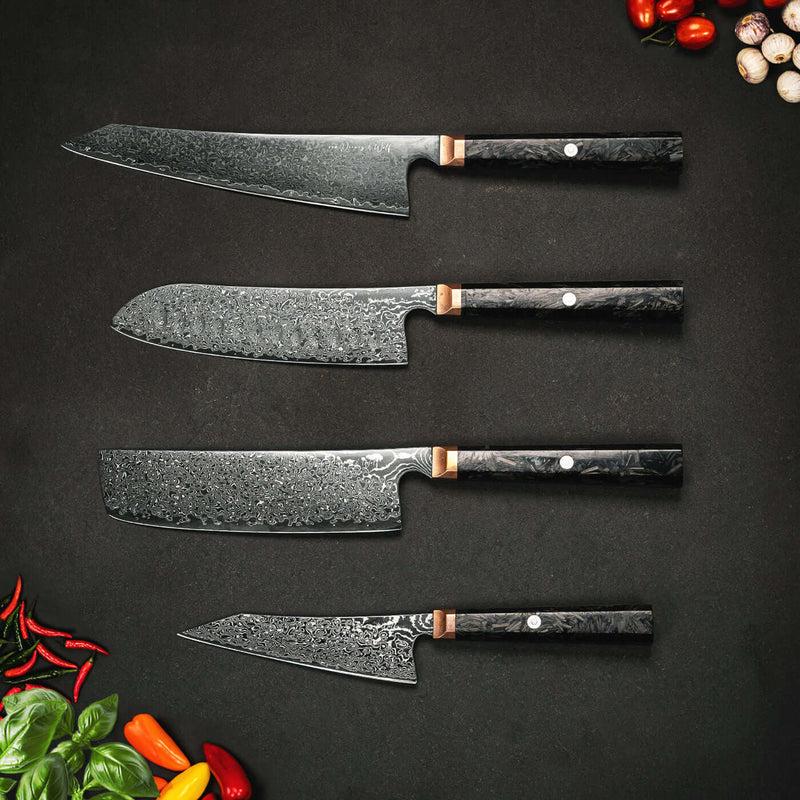 Damastmesser Messerset Suisen Produktfoto, asiatisches Messerset, japanische Messer