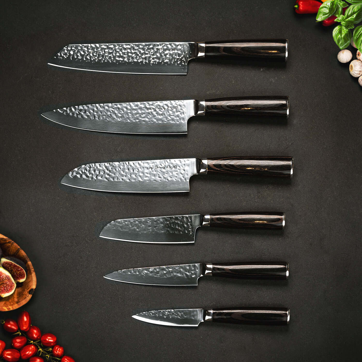 Messerset Kurogane Tsuchi Hammerschlagoptik Pakkaholzgriff Echtholzgriff