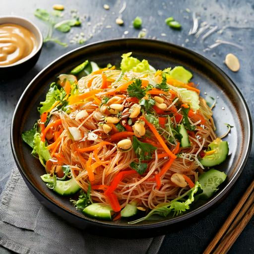 Asiatischer Glasnudelsalat mit frischem Gemüse und Erdnuss-Dressing