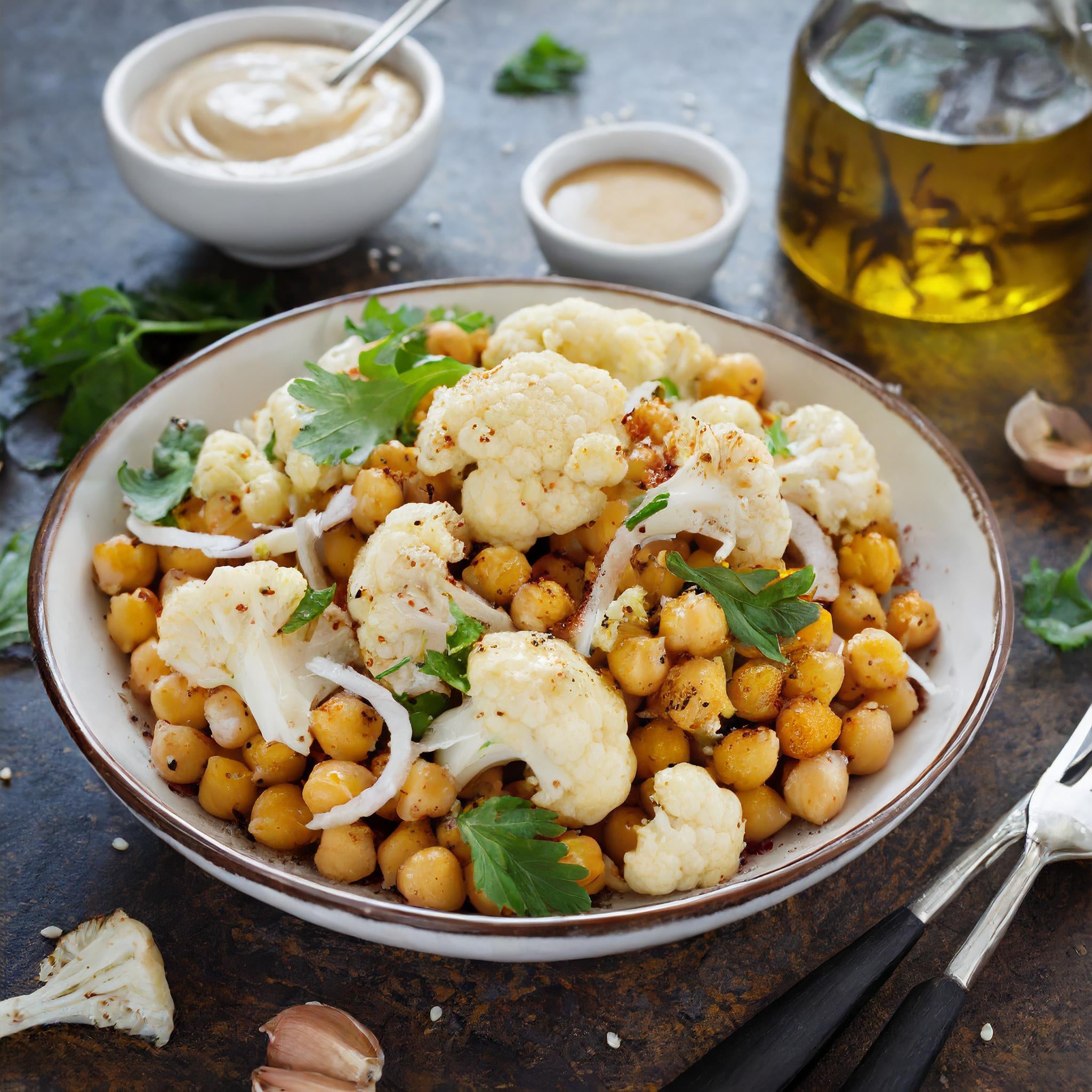 Gerösteter Blumenkohl und Kichererbsen-Salat mit Tahini-Dressing Gerösteter Blumenkohl und Kichererbsen-Salat mit Tahini-Dressing