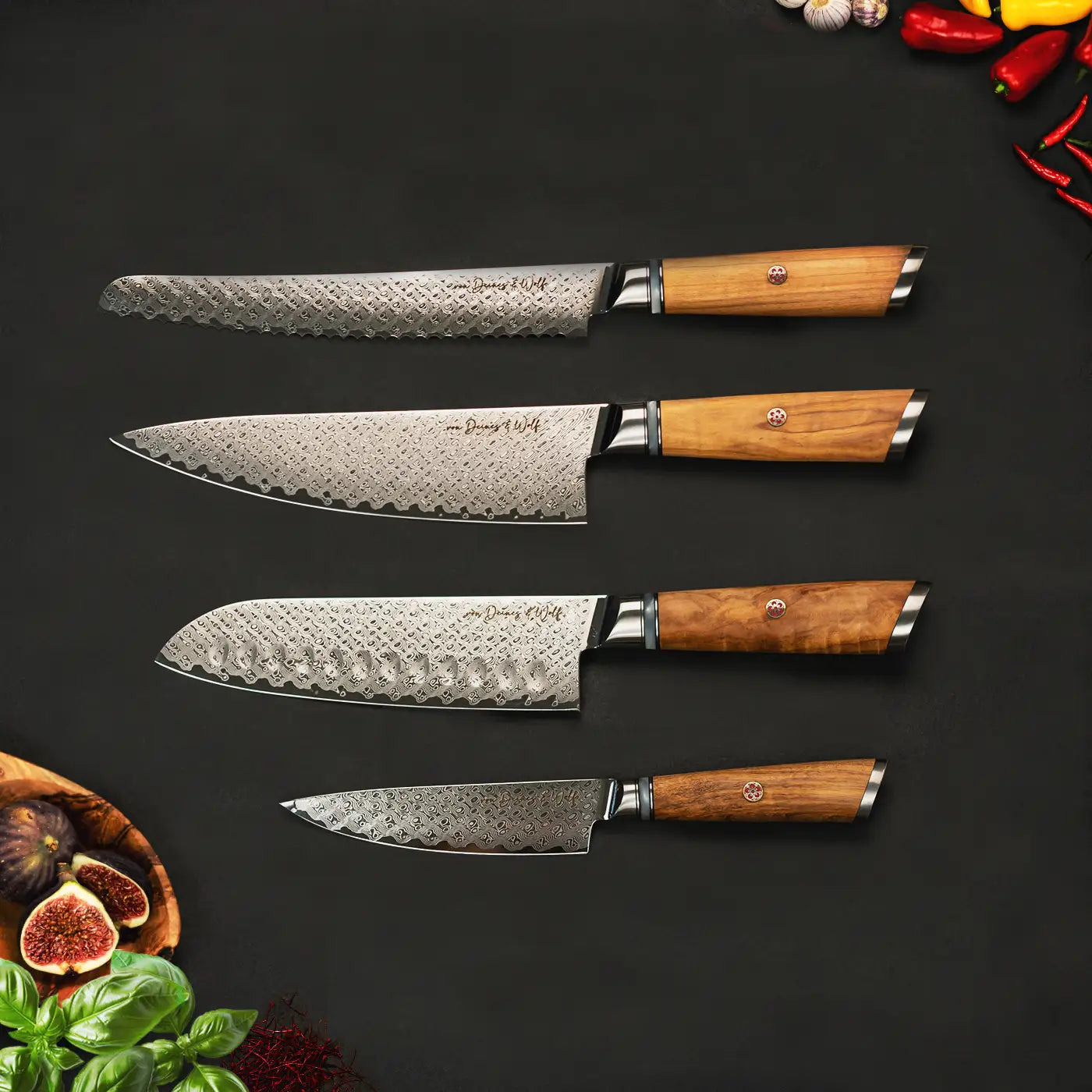 Damastmesserset Olive mit Brotmesser und Universalmesser