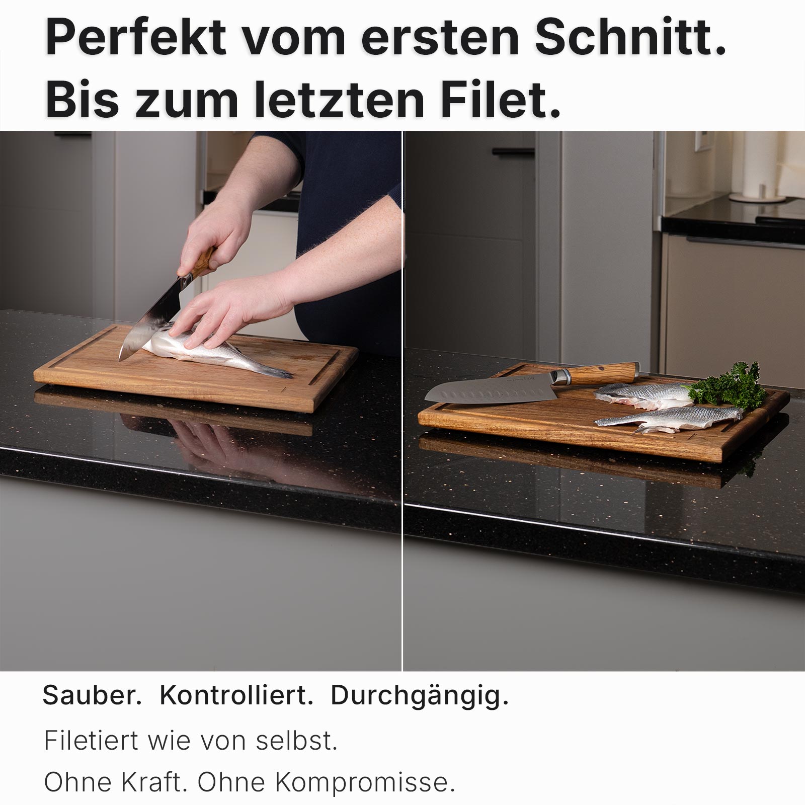 Damastmesser Santoku Olive Dorade filetieren