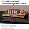 Damastmesser Santoku Olive mit perfekt geschnittenem Entrecote