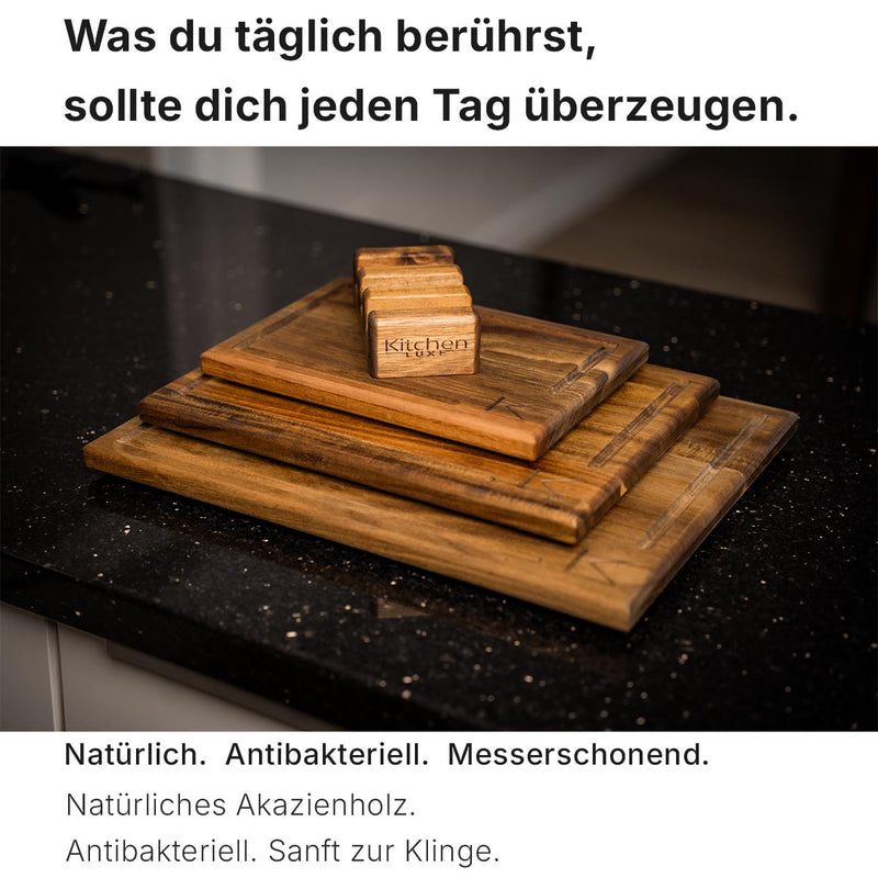 3er Schneidbrettset aus Akazienholz mit Halter