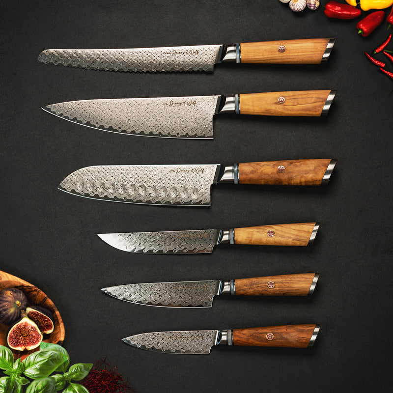 Damast Küchenmesser Olive, 6er Set, Olivenholzgriff mit Edelstahlapplikationen